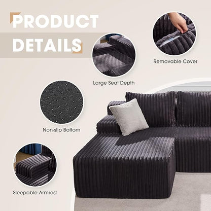 Hobestluk Boneless Couch Modular Sectional Sofa for Living Room Furniture | 98" Left Facing Chaise Darkgrey,Memory Foam,Removable Cover,Non-slip Bottom,No Assemble Required,Furniture for Apartment