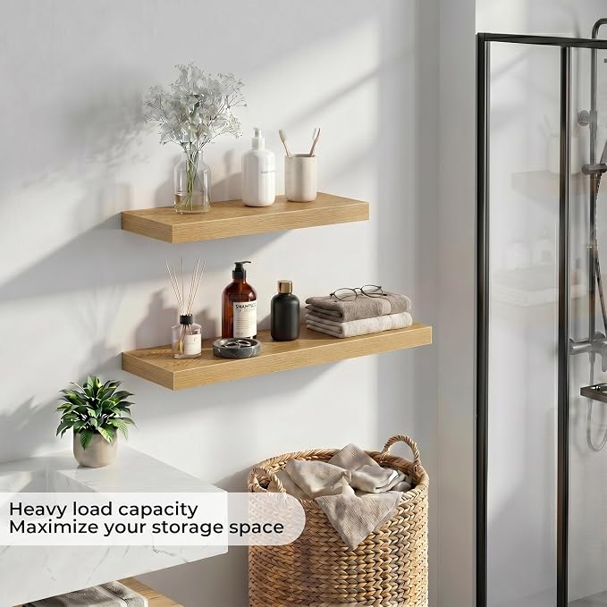 Fun Memories 55 Inch Floating Shelves - Fireplace Mantel Shelf - Deep Wall Mounted Wood Storage Shelf for Bedroom, Kitchen, Farmhouse - 2 Pack, Oak