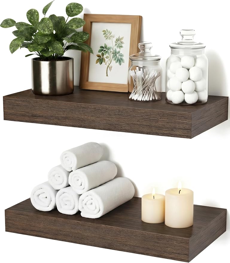 Floating Shelves for Wall, Bathroom Shelves Over Toilet, Wall Shelves & Book Shelf, Hanging Shelf, Modern Wooden Wall-Mounted Samll Floating Shelves, 12x7x1.5 in (Smoke-Gray, Set of 2)