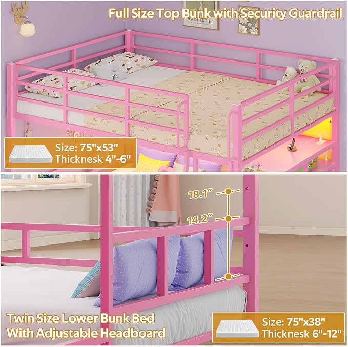 busyaeh Bunk Bed Full Over Twin,8 Drawer & 4 Shelve,15" H Safety Guardrail | Bunk Bed with Desk, Low bunk bed with LED Lights & Charging Station,L-Shaped Bunk Beds with Stairs,Girls bunk bed,Pink