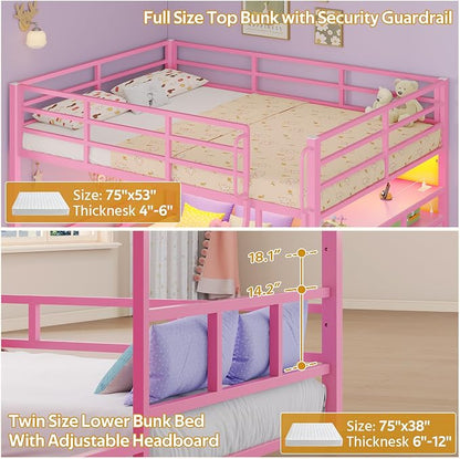 busyaeh Bunk Bed Full Over Twin,8 Drawer & 4 Shelve,15" H Safety Guardrail | Bunk Bed with Desk, Low bunk bed with LED Lights & Charging Station,L-Shaped Bunk Beds with Stairs,Girls bunk bed,Pink