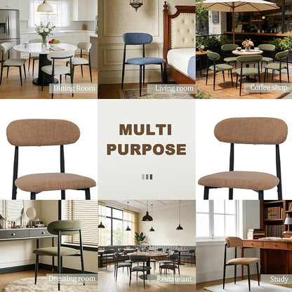 FREKEN Modern Upholstered Dining Chairs Set of 4, Mid-Century Metal Frame Linen Fabric Side Chair for Kitchen Dining Room, 350lbs Capacity, Brown