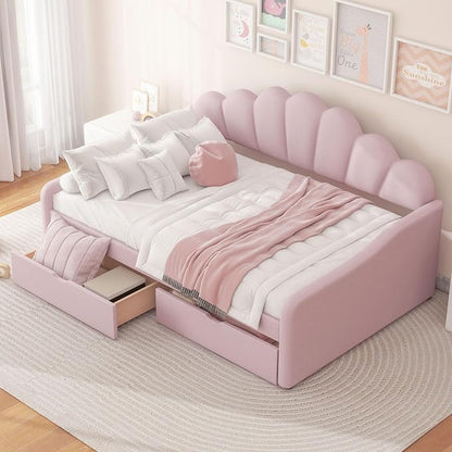 Merax Modern Upholstered Platform Bed Frame with Shall Shaped Backrest & Storage Drawers, Velvet Low Sofa Day Bed, No Box Spring Needed/Easy Assemble/Full,Pink