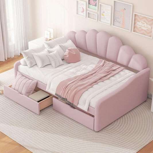 Merax Modern Upholstered Platform Bed Frame with Shall Shaped Backrest & Storage Drawers, Velvet Low Sofa Day Bed, No Box Spring Needed/Easy Assemble/Full,Pink