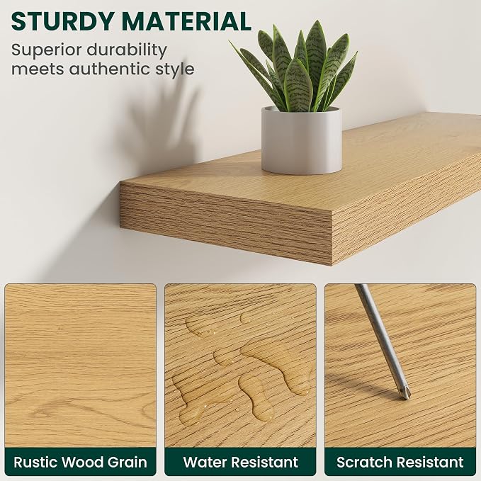 Floating Shelves for Wall, 24 Inch x 8 Inch Deep Wall Mounted Wood Shelf with Invisible Brackets for Storage & Display, Living Room Bedroom Kitchen, Oak, Set of 2