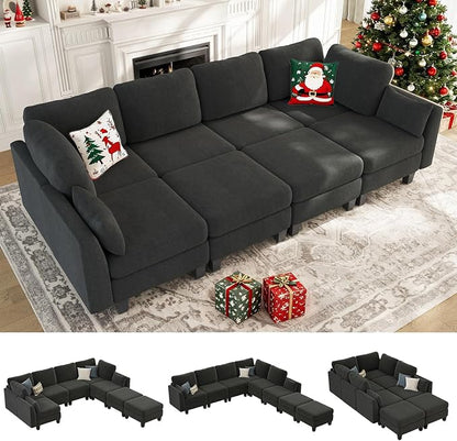 Sectional Sleeper Sofa, 8 Seaters Modular Sleeper Sofa Couch, Comfy Sectionals Couches Bed, Convertible Sofas with Ottomans, Modular Sectional Couches for Living Room, Dark Grey