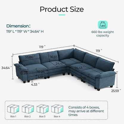 LINSY HOME Modular Sectional Sofa 5 Seat Couch Corduroy Cloud Couch with Deep Seat, Modern V-Shaped Cloud Couch for Living Room, Office, Bedroom, Blue