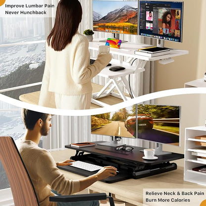 JOY worker Standing Desk Converter, 35" Wide Height Adjustable Sit Stand Up Desk Riser with Keyboard Tray, Desktop Workstation Riser for Home Office Computer Laptop, Particle Board, White