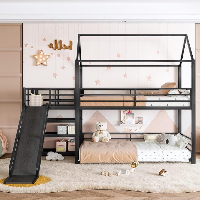 Harper & Bright Designs Metal House Bunk Bed with Slide and Roof, Twin Over Twin Floor Bunk Bed with Staircase and Full Length Guardrails, No Box Spring Required, Noise Free, Space Saving, Black