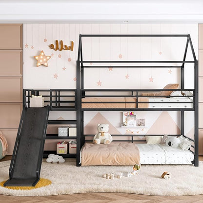 Harper & Bright Designs Metal House Bunk Bed with Slide and Roof, Twin Over Twin Floor Bunk Bed with Staircase and Full Length Guardrails, No Box Spring Required, Noise Free, Space Saving, Black