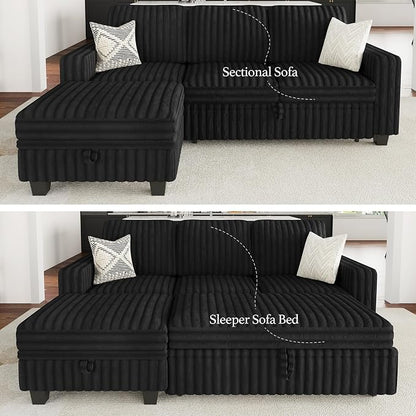 Belffin Corduroy Modular Sectional Sleeper Sofa with Pull Out Bed Small Sectional Couches with Storage for Living Room Apartment Couch. Black Couch