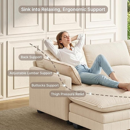 Gizoon 110'' Oversized L Shaped Couch for Living Room, Cloud Couches with Washable Corduroy Cover, Modern 4-Seater Comfy Deep-Seat Sofa with Movable Ottoman and 2 Throw Pillows for Apartment, Beige