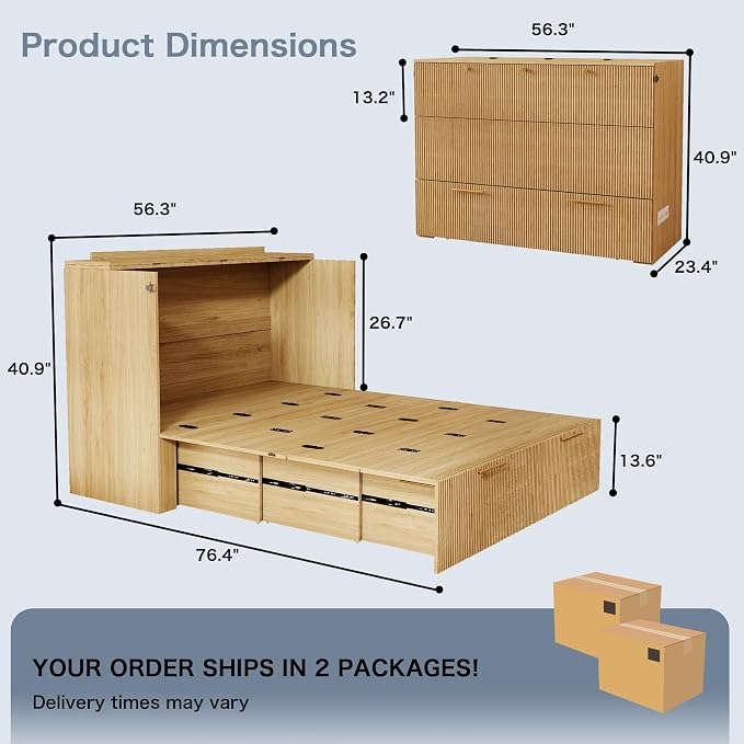 Full Size Murphy Bed Cabinet: Oak Murphy Bed with Charging Station, Wood Cabinet Bed with Large Drawers for Guest Room, Living Room and Office
