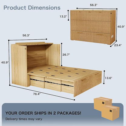 Full Size Murphy Bed Cabinet: Oak Murphy Bed with Charging Station, Wood Cabinet Bed with Large Drawers for Guest Room, Living Room and Office