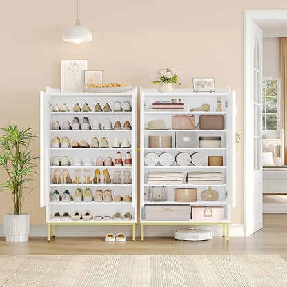 Hzuaneri Shoe Cabinet with Doors, 7-Tier Shoe Storage Cabinet with Adjustable Shelves, Wooden Shoes Organizer Cabinets with Top Storage Layer, 28-32 Pairs, for Entryway, Hallway, White SR68703A