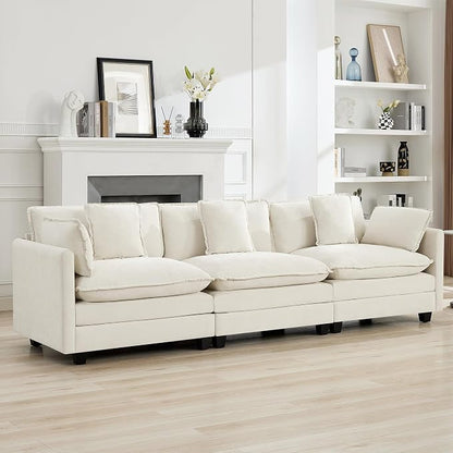 111'' Sectional Cloud Deep Seat Couch, Modern Comfy Chenille Modular Sectional Sofa for Living Room Set, Upholstered Modular 3-Seats Sofa Couch, Beige