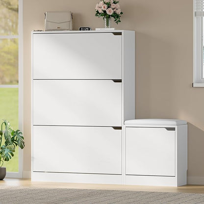BORNOON Shoe Cabinet with Bench and 3 Flip Drawers, Slim Narrow Shoe Storage Cabinet, Freestanding Shoe Rack Organizer with Adjustable & Removable Shelves, Anti-Tip for Entryway, Hallway, Foyer