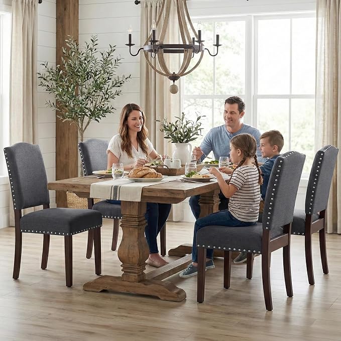 Upholstered Parsons Dining Chairs Set of 6, Modern Dining Room Chairs with Back, Fabric Kitchen Side Chairs with Wood Legs, Nailhead Trim for Dinner Farmhouse Restaurant, Darkgrey