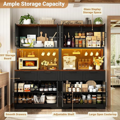 Unikito 71" Tall Kitchen Pantry Storage Cabinet with LED Light & Outlet, 63" Wide Kitchen Hutch Cabinet with Large Countertop, DIY Pegboard and Drawers, Food Pantry for Living Room,Black and Rustic