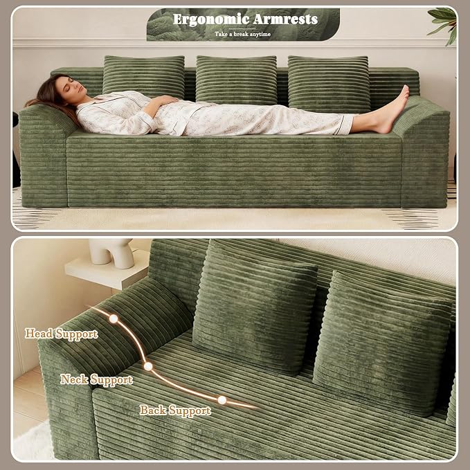 71" Corduroy Living Room Sofa, 3 Setaser Deep Seat Couch with 3 Lumbar Pillows, Comfy Boneless Sofa Modern Compressed Couch for Bedroom, Office, Apartment, No Assembly, Curved Armrests (Green)