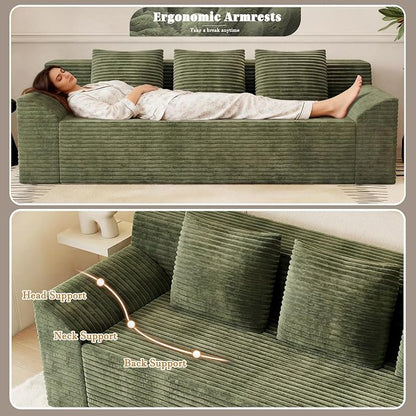 71" Corduroy Living Room Sofa, 3 Setaser Deep Seat Couch with 3 Lumbar Pillows, Comfy Boneless Sofa Modern Compressed Couch for Bedroom, Office, Apartment, No Assembly, Curved Armrests (Green)