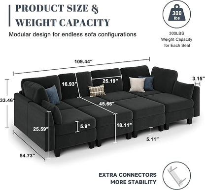 Sectional Sleeper Sofa, 8 Seaters Modular Sleeper Sofa Couch, Comfy Sectionals Couches Bed, Convertible Sofas with Ottomans, Modular Sectional Couches for Living Room, Black