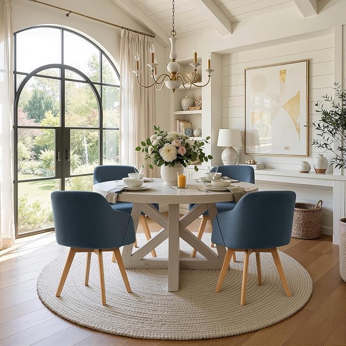 Swivel Dining Chairs Set of 6, Mid Century Modern Dining Chairs with Arms and Wood Legs, Linen Fabric Upholstered Kitchen Chairs for Dining Room Living Room, Comfortable Widen Seat, Blue