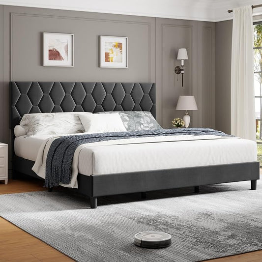 GarveeHome Full Size Platform Bed Frame with Upholstered Headboard and Wooden Slats Support, Upholstered Mattress Foundation/No Box Spring Needed/Easy Assembly, Grey