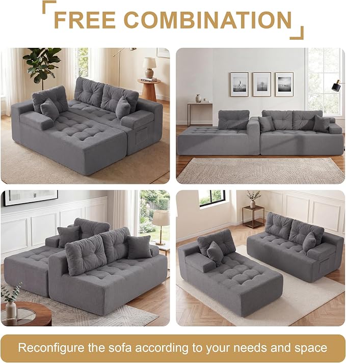 Hobestluk Modular Sectional Sofa Couches L-Shape Couch 3 Seat Modular Sofa Memory Foam Sectional Couches for Living Room, Cloud Couch with Oversized Chaise (Grey Tufted, 108", Left Hand Facing)
