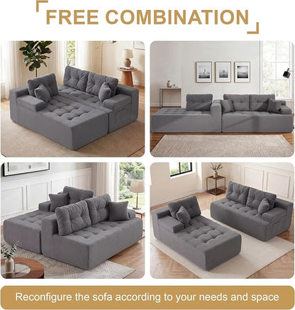 Hobestluk Modular Sectional Sofa Couches L-Shape Couch 3 Seat Modular Sofa Memory Foam Sectional Couches for Living Room, Cloud Couch with Oversized Chaise (Grey Tufted, 96", Left Hand Facing)