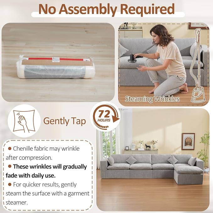 146''Cloud Boneless Sectional Couch, Modular Sectional Sofa Deep Seat with Ottoman, Oversized Upholstered Convertible Comfy 5 Seater Chenille Sofa L Shape Couches for Living Room, Light Grey