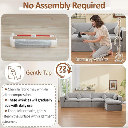 146''Cloud Boneless Sectional Couch, Modular Sectional Sofa Deep Seat with Ottoman, Oversized Upholstered Convertible Comfy 5 Seater Chenille Sofa L Shape Couches for Living Room, Light Grey
