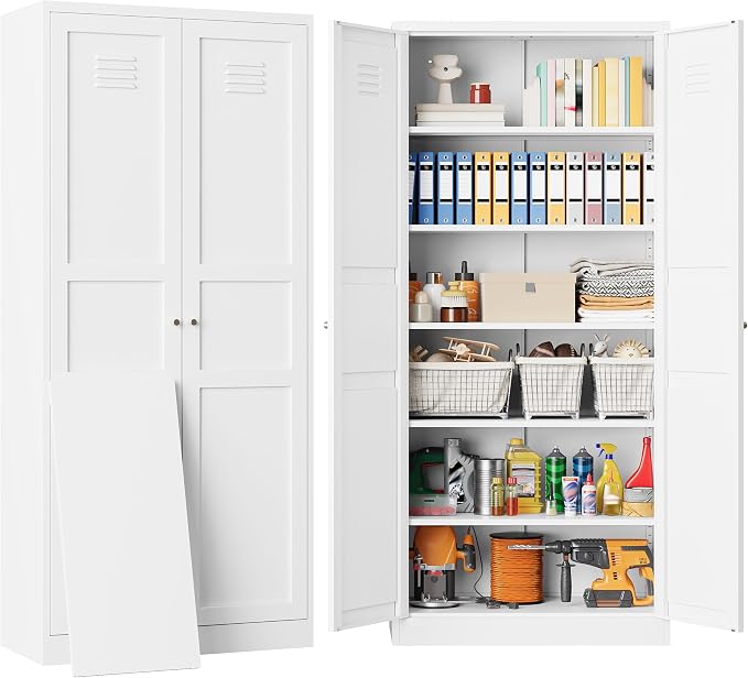 SISESOL 71" Tall Pantry Cabinet with 2 Doors and 5 Shelves,Kitchen Pantry Storage Cabinets,White Metal Storage Cabinet,Wide Deep Food Cupboard for Home,Kitchen,Dining/Living Room