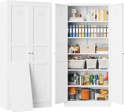 SISESOL 71" Tall Pantry Cabinet with 2 Doors and 5 Shelves,Kitchen Pantry Storage Cabinets,White Metal Storage Cabinet,Wide Deep Food Cupboard for Home,Kitchen,Dining/Living Room
