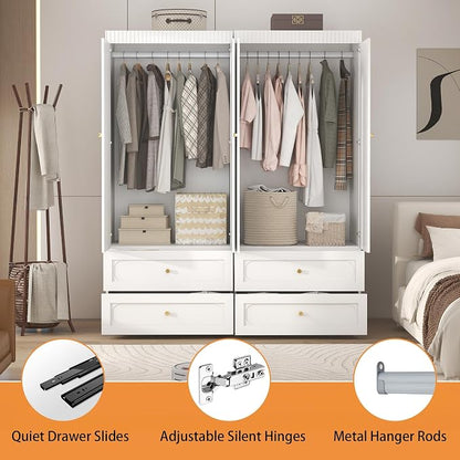 Wooden Wardrobe Closet with Doors: 75" Tall White Armoire Wardrobe Closet with 4 Drawers and 4 Doors, Modern Clothes Cabinets for Bedroom Armoires with Hanging Rod (4-Drawers, 63")