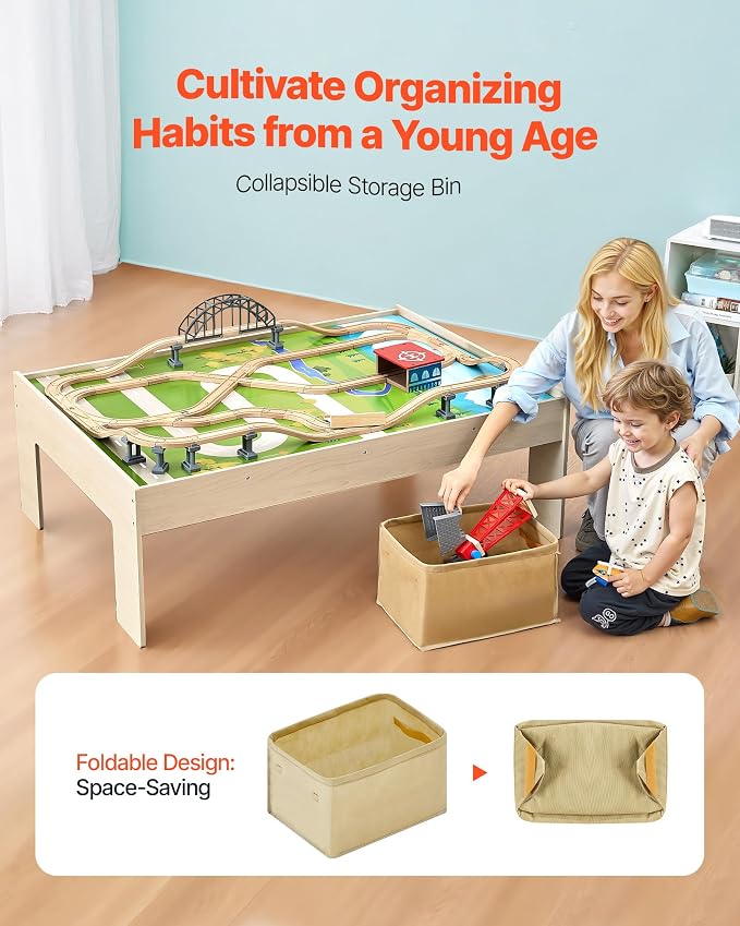 VEVOR Train Table, 120 Multicolor Pieces Wooden Kids Activity Table with Collapsible Storage Bin, 3-in-1 Wooden Train Set for Gaming, Drawing, Reading, Eating, Creative Toy Set for Kids Ages 3+