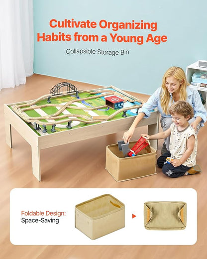 VEVOR Train Table, 120 Multicolor Pieces Wooden Kids Activity Table with Collapsible Storage Bin, 3-in-1 Wooden Train Set for Gaming, Drawing, Reading, Eating, Creative Toy Set for Kids Ages 3+