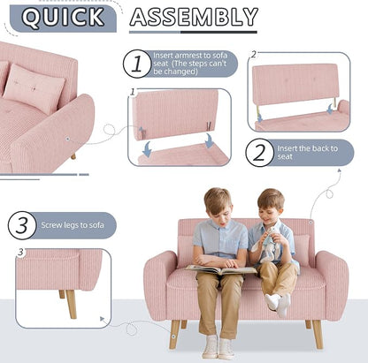 Shintenchi 48'' Loveseat Sofa, Mid-Century Modern Upholstered Couch Deep Seat with 2 Pillows, 10" Thick Cushion with Spring, Solid Wood Frame Small Couch for Living Room, Bedroom, Dorms & Office, Pink