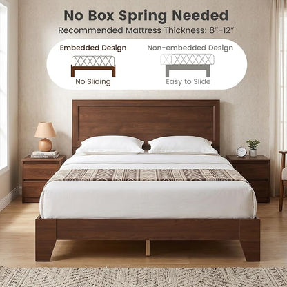 KOMFOTT Queen Size Bed Frame, Mid-Century Modern Platform Bed with Headboard, Wooden Slat Support Mattress Foundation, Under-Bed Storage Space, No Box Spring Needed (Walnut,Queen)