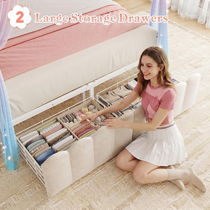 Homkdom Canopy Bed Frame Full Size with Upholstered Storage Headboard and Charging Station & LED Lights, 2 Oversized Drawers,Heavy-Duty Support, No Box Spring,Noise-Free,Easy Assembly, White