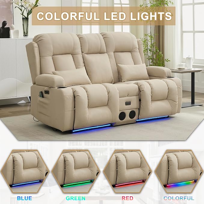 URRED Power Loveseat Recliner Sofa with Massage and Heat, Wall Hugger Reclining Loveseat with Console, RV Couch Home Theater Seating with LED Lights for Living Room (Beige, 67" - 2 Seats)