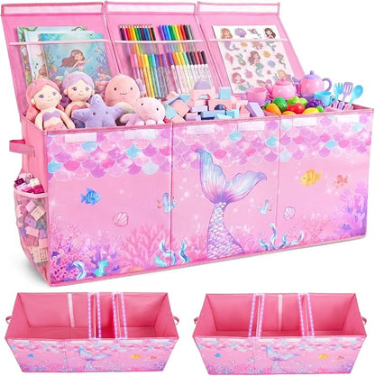 Unicorn Castle Toy Box with Adjustable Divider Toy Chest Storage Large Toy Storage Organizer Bin Collapsible with Lid Pockets for Nursery Playroom,Pink Purple Mermaid