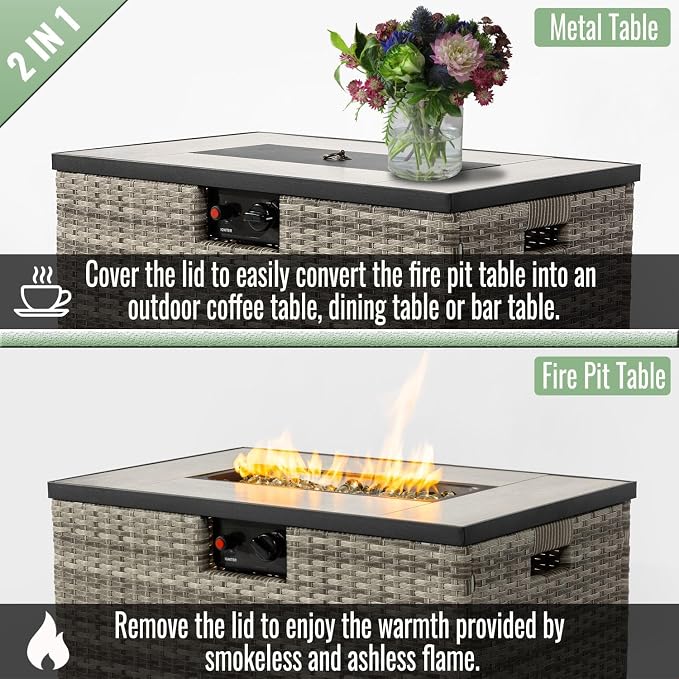 GDFStudio 32" Propane Fire Pit Table with Tank Holder, 50000 BTU Outdoor Gas Fire Table with Ceramic Top & Wicker Base, Steel Firepit with Lid & Cover for Patio Garden Backyard, 2-Piece Set, Beige