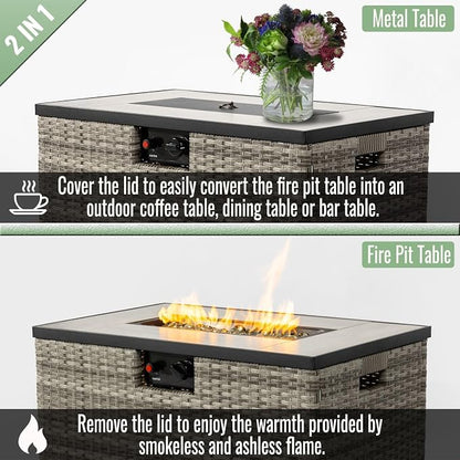 GDFStudio 32" Propane Fire Pit Table with Tank Holder, 50000 BTU Outdoor Gas Fire Table with Ceramic Top & Wicker Base, Steel Firepit with Lid & Cover for Patio Garden Backyard, 2-Piece Set, Beige