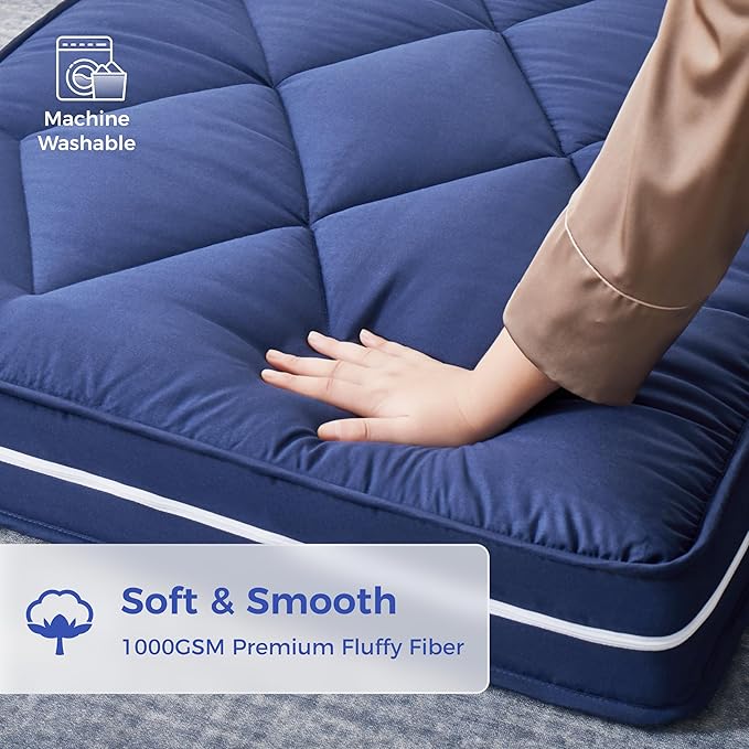 Jamdok 4Inch Floor Mattress,3 Layer Structure Cot Mattress Topper,Gel Memory Foam Futon Mattress,Removable Thickened Cover,Portable Roll Up Sleep Pad (Blue, 75X30)