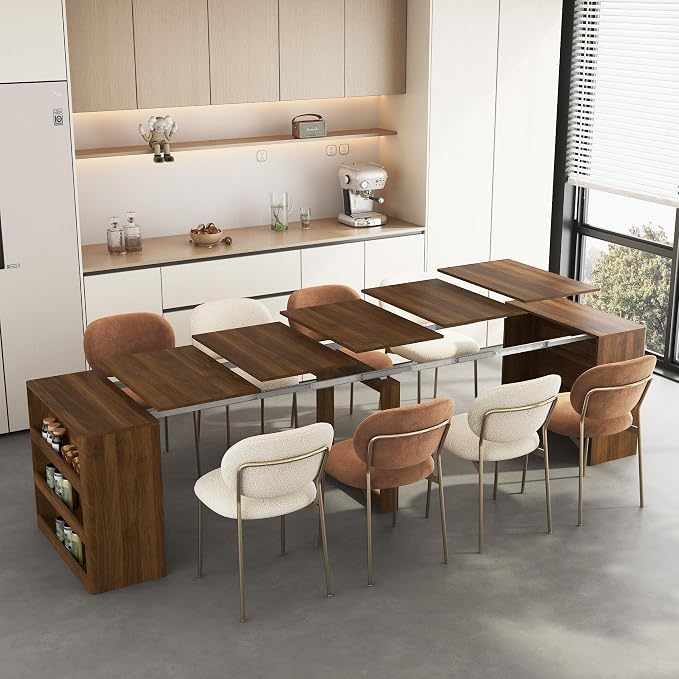 KEIKI 27.5" to 122.8" Extendable Foldable Dining Table with 3-Tier Storage Shelf, Expandable Wooden Console Table for 1–10 People, Space Saving Multifunctional Kitchen Dining Desk, Brown