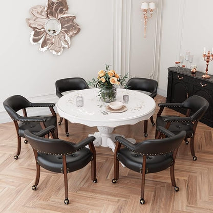 LEEMTORIG Set of 6 Large Dining Chairs with Casters and Arms, Rolling Dining Chairs with Wheels, Accent Game Poker Table Chairs, 26“Dx25.2 Wx31.5“H, Cherry Legs & Black SY-1533-BK