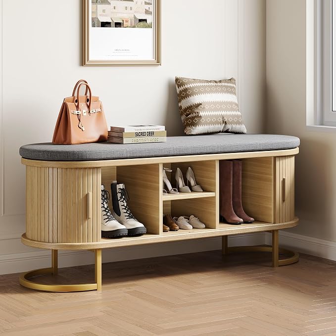 Decofy Shoe Storage Bench with Cushion and Sliding Doors, 47.2 Inch Shoe Bench with Storage, Freestanding Entryway Bench with Storage, Sturdy Metal Feet, for Hallway & Entrance Hall, Oak