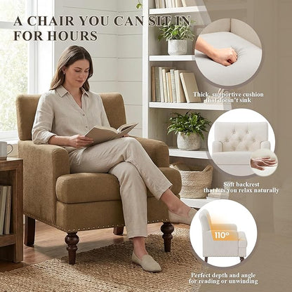 MALOL Upholstered Accent Chair, Comfy Reading Chair for Living Room, Mid Century Modern Armchair with Thick Cushion & Solid Rubberwood Legs, for Bedroom/Small Spaces, Brown