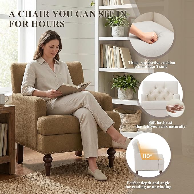 MALOL Upholstered Accent Chair Set of 2, Comfy Reading Chair for Living Room, Mid Century Modern Armchair with Thick Cushion & Solid Rubberwood Legs, for Bedroom/Small Spaces, Brown